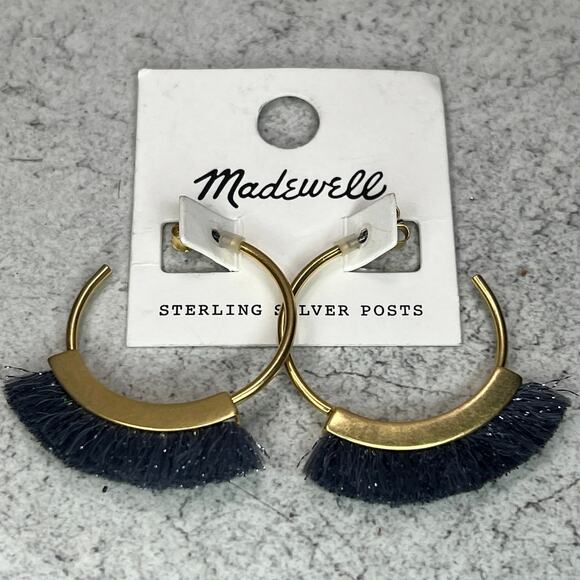 Nwt Madewell Sterling Silver Post Gold tone gray tassel hoop earrings - Picture 2 of 4